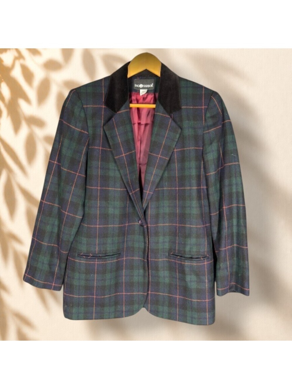 Sag Harbor Blazer Women 8 Blue Plaid One Button Collared Long Sleeve Wool Lined